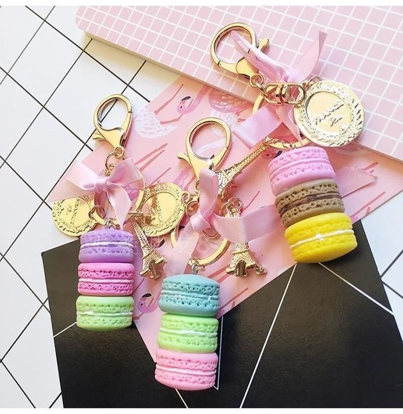 Resin Macaron Key Chain Lovely Macaron Bag Charm Key Chain Romantic Metal Tower Key Chain Car Key Chain  (color Random)