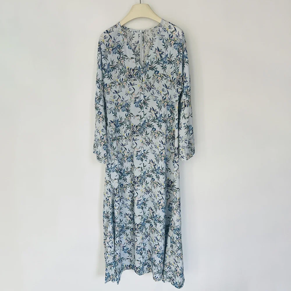 

2025 New Women Floral Printed Long Dress Long Sleeve V-Neck Loose Female 100% Viscose Robe