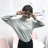 Loose Long Sleeve High Collar Striped T-Shirt Women's Base Shirt Student Autumn Wear INS Loose Female Top Korean Version