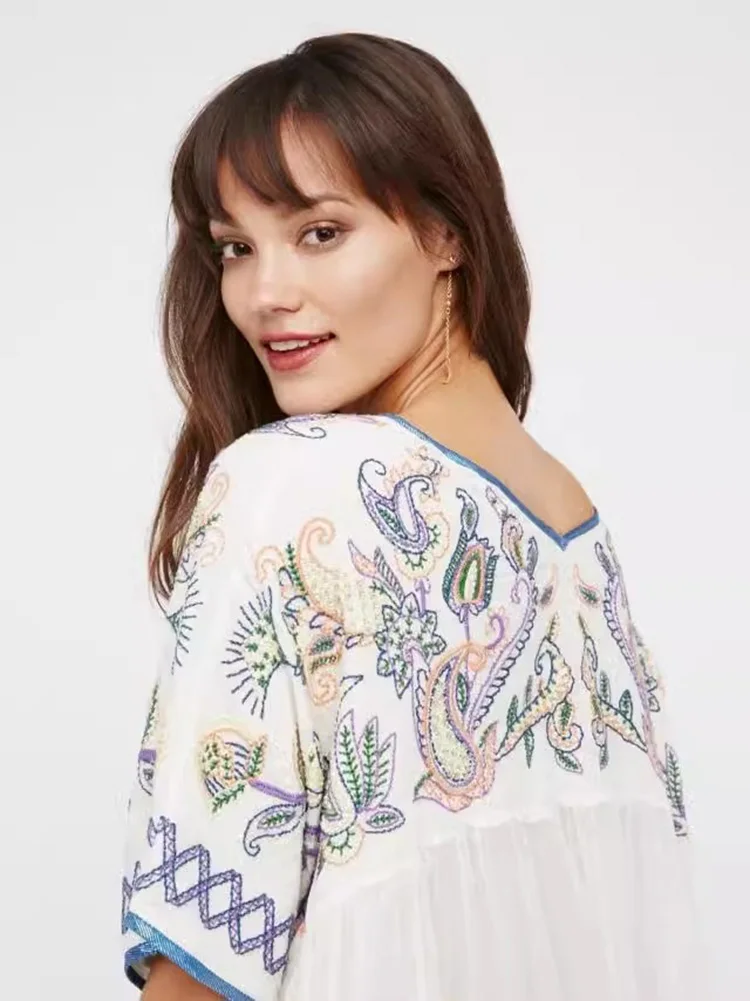 KHALEE YOSE Boho Floral Embroidery Blouse Shirt Cotton Loose White Flare Sleeve V-neck Women Vocation Ladies Blouse Top Blusa