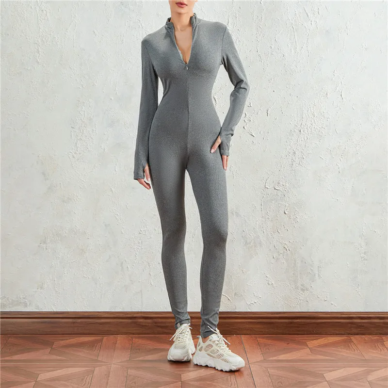 

Women Casual Slim Fit Jumpsuit Autumn Long Sleeve Stand Collar Zipped Solid Color Casual Romper Female Long Pants Overalls Daily