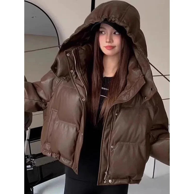 

Hooded Padded Jacket PU Wintertime Short 2024 Thickening Loose New Style Fashion Bread Jacket Coat Women Winter Jacket Women