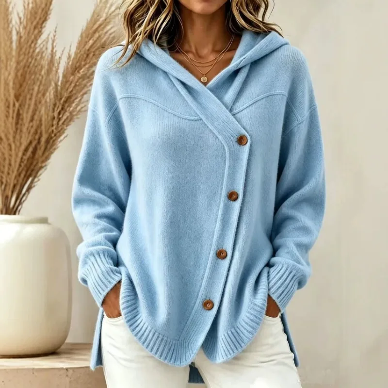 Women Hooded Knit Cardigan Oblique Button Design Long Sleeve Loose Autumn Winter Solid Color Coat Pockets Casual Knitted Sweater