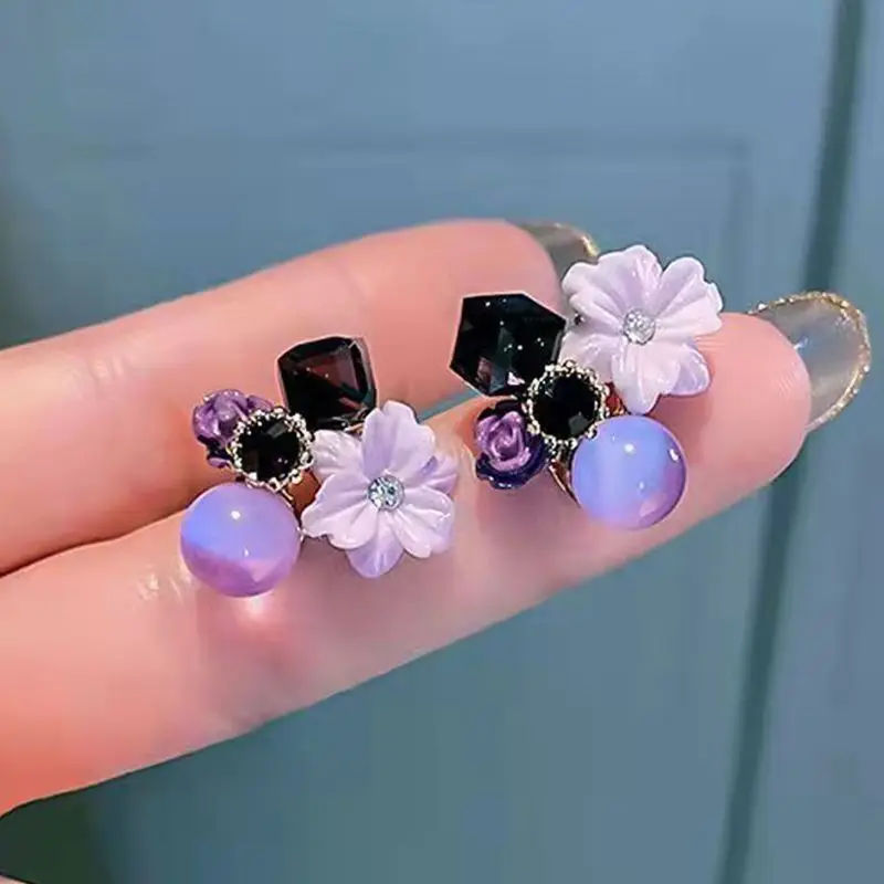 Elegant Purple Flower Stud Earrings for Women New Fashion Round Square Acrylic Crystal Earrings Korean Wedding Party Jewelry