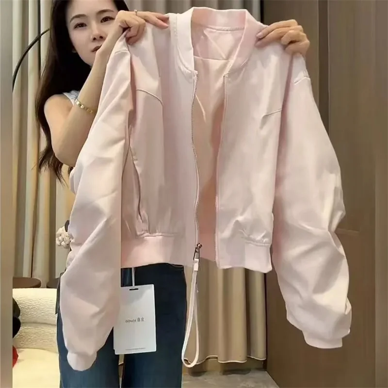 Casual Lazy Street Style White Short Jacket For Women 2026 Spring Autumn New Fashion Loose Zipper Coat Lined Baseball Outwear view 4