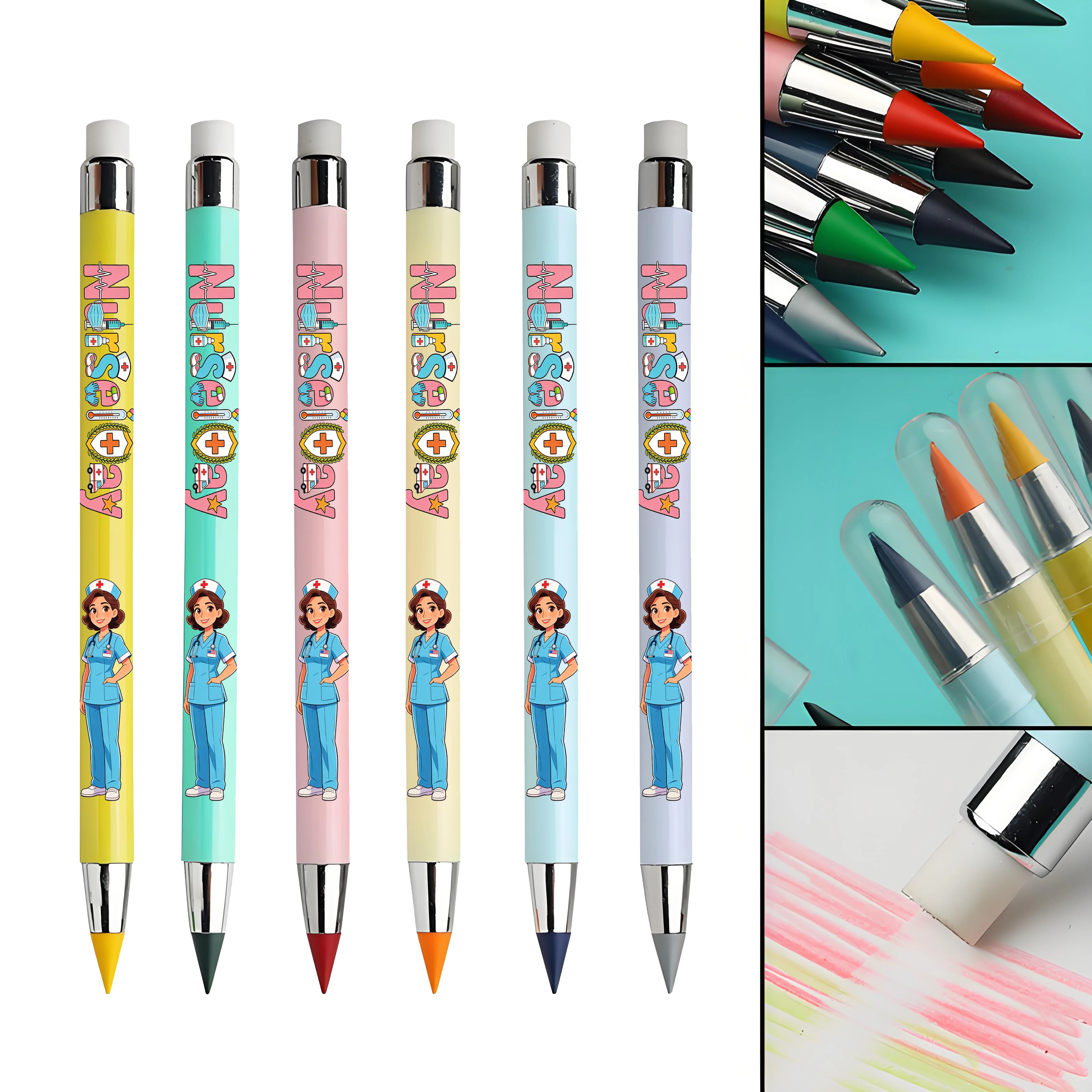 

12pcs Nurse Theme Pattern Eternal Pencil Nurse's Day Gift Pen Macaron Color Hard to Break Pencil Student Sketch Pencil.