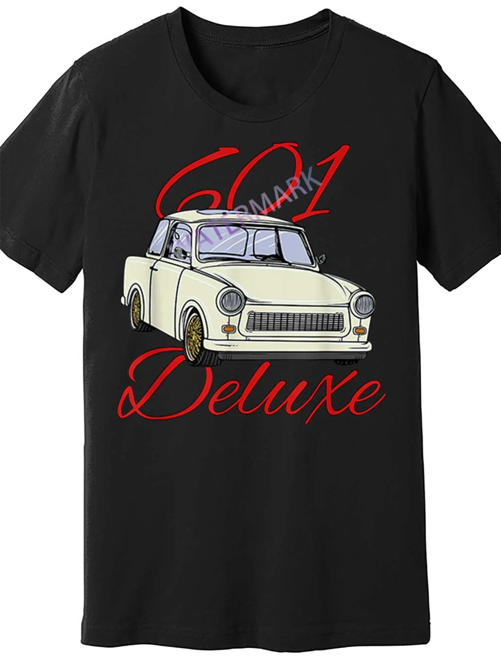 Camiseta Clásica Vintage Trabi 601 Deluxe para Hombre, Negra, de Manga Corta, de Algodón, con Diseño Rojo y Blanco, Corte Casual y Cómodo