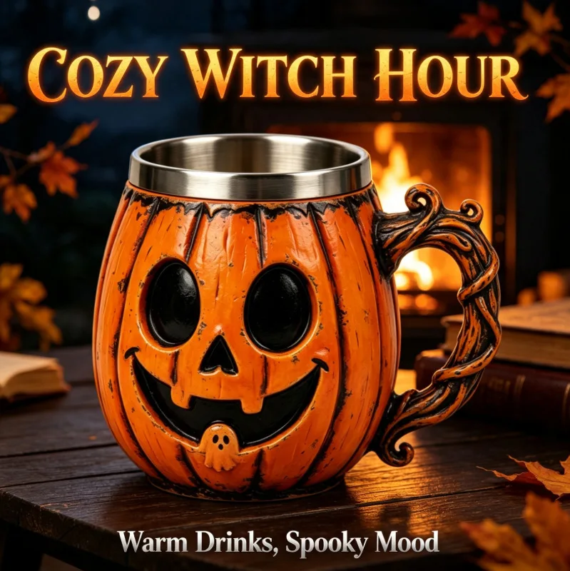 Halloween Pumpkin Face Resin Beer Mug Stainless Steel Liner Coffee Water Cup Spooky Ghost Design Party Bar Decor Holiday Gift