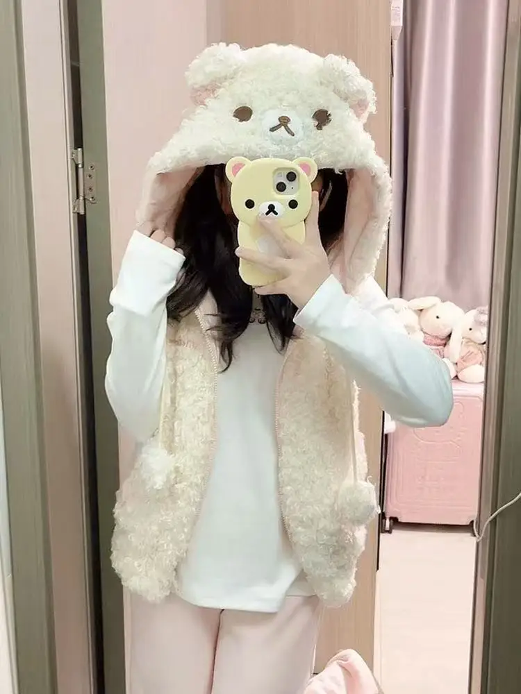 الكرتون Rilakkumas الدب سترة معطف Korilakkuma الدب مقنعين صدرية الفتيات النساء شتاء دافئ أفخم رقيق أكمام ملابس خارجية #1