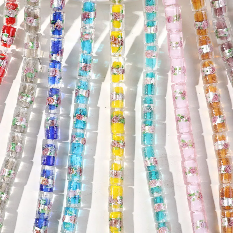 5 sztuk nowy 16X9mm cylindryczne koraliki glazurowane ręcznie malowany wzór kwiatowy Lampwork szklane koraliki do robienia DIY bransoletka kolczyki klejnot