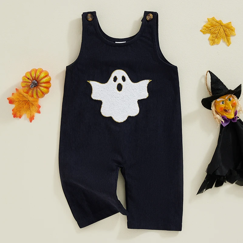 

Infant Baby Boy Halloween Outfit Embroidered Ghost Jumpsuit Corduroy Suspenders Romper Overall Fall Winter Clothes