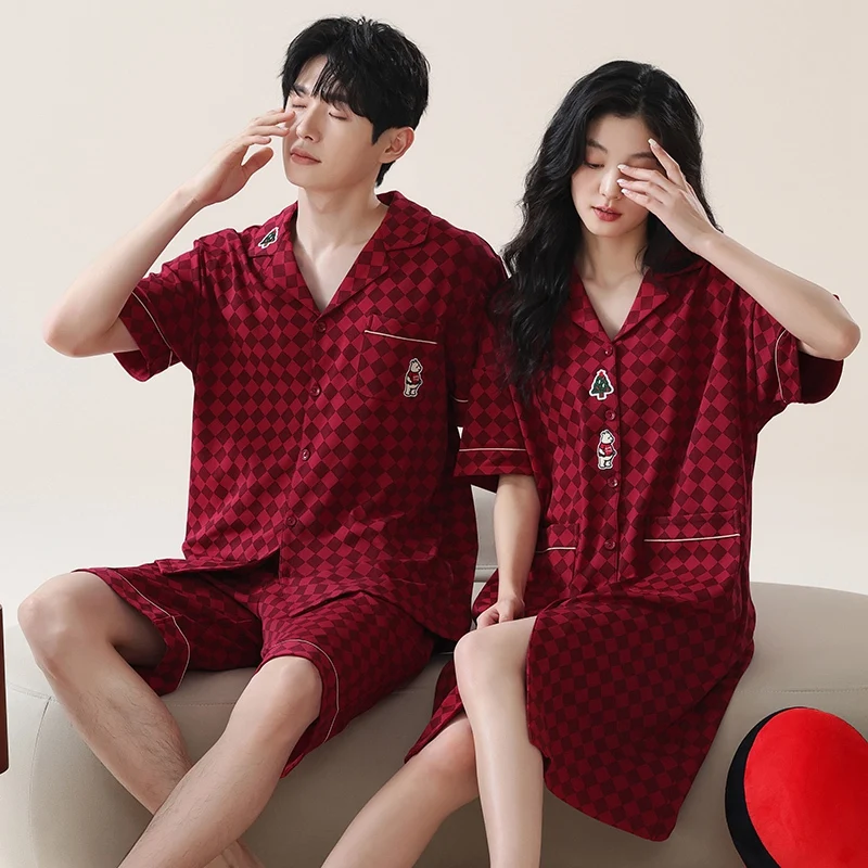 Couple Short Sleeve 100% Cotton Pajama Sets for Men Summer Korean Loose Sleepwear Pyjama Women Night Dress Homewear Home Clothes