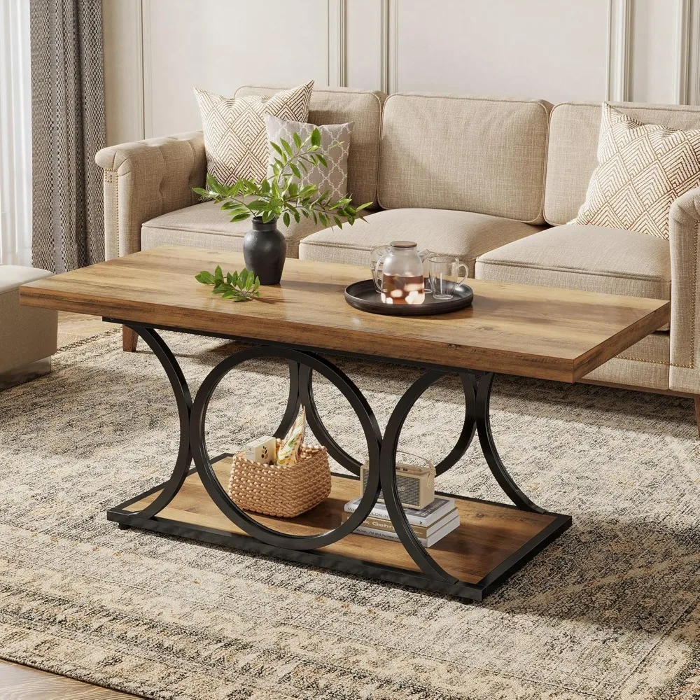 

Rectangle Coffee Table, 47.24-inch Rustic Coffee Tables for Living Room, 2-Tier Farmhouse Wooden Coffee Table with Ge