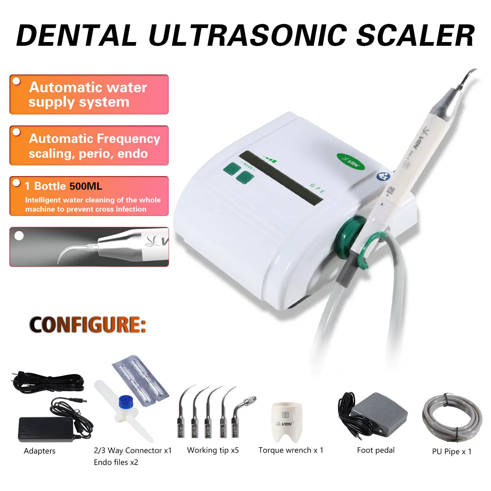 Escarificador ultrasónico Dental, pieza de mano desmontable Autoclavable con 5 puntas de piezas, compatible con EMS + LED, VRN