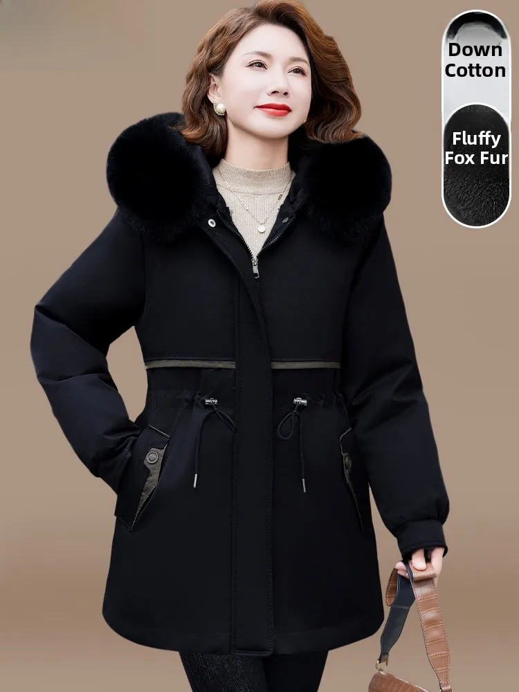 

Winter Faion down Cotton Jaet for Middle-Aged Mothers Large Size Parka Mid-Length Women's Coat Thiened Polyester Fiber