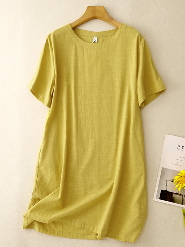 

Корейское и японское хлопково-льняное платье в стиле ретро, однотонное, с коротким рукавом, простое, художественное, больших размеров, женское