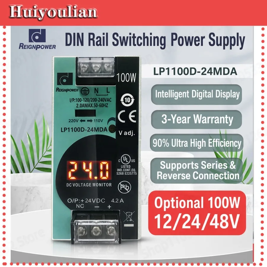 100w-din-rail-power-supply-24v-12v-reignpower-switching-source-with-digital-display-and-short-circuit-overload-protection-ce-ul