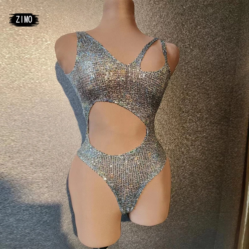 

2023 fashion sexy Cutout sequin bodysuit silver backless party clubnight leotard women stage DS pole dance performance costumes