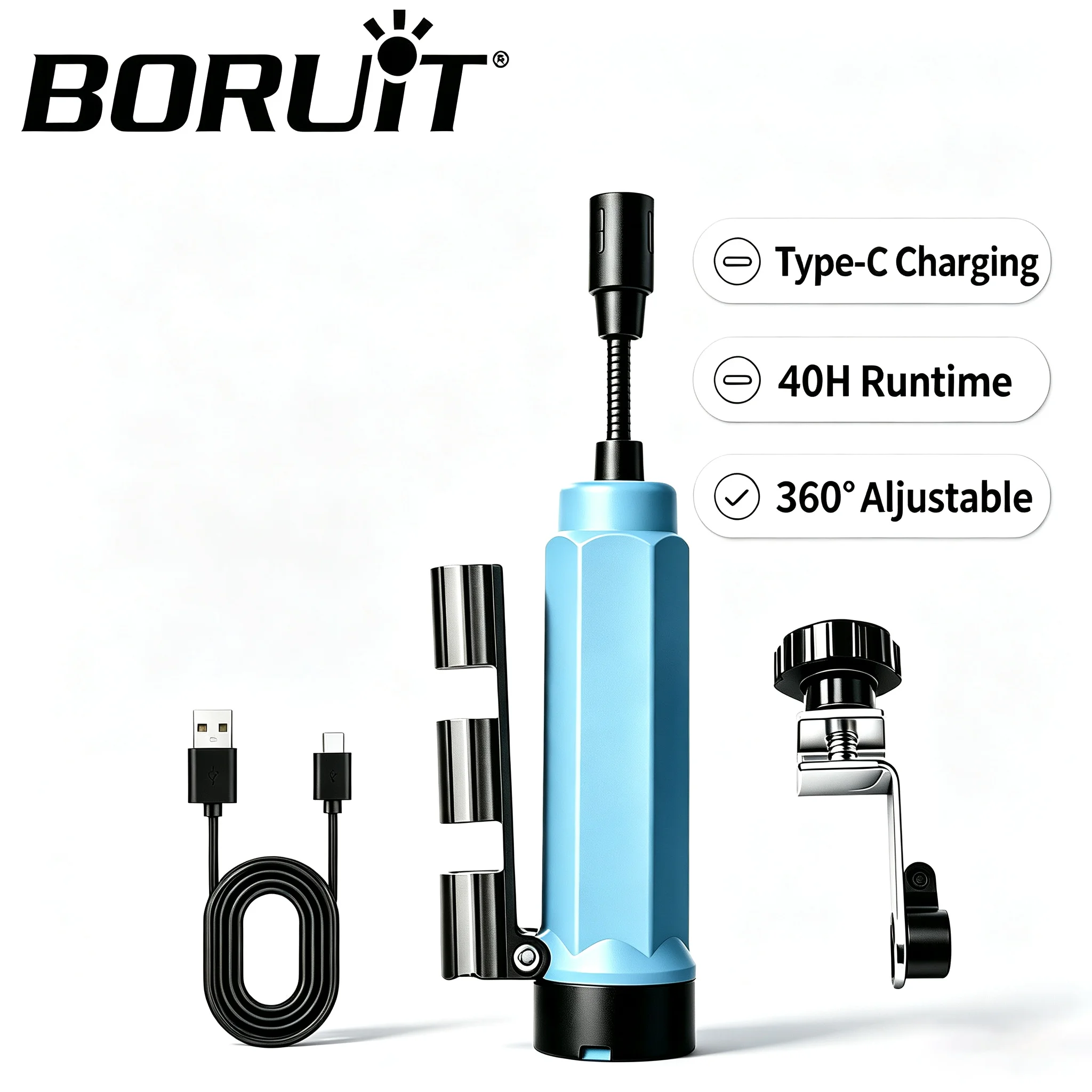 BORUiT 360° Flexible Gooseneck Night Fishing Light TypeC Rechargeable 2 Modes Waterproof Rod Lamp For Boat Bridge Raft Fishing