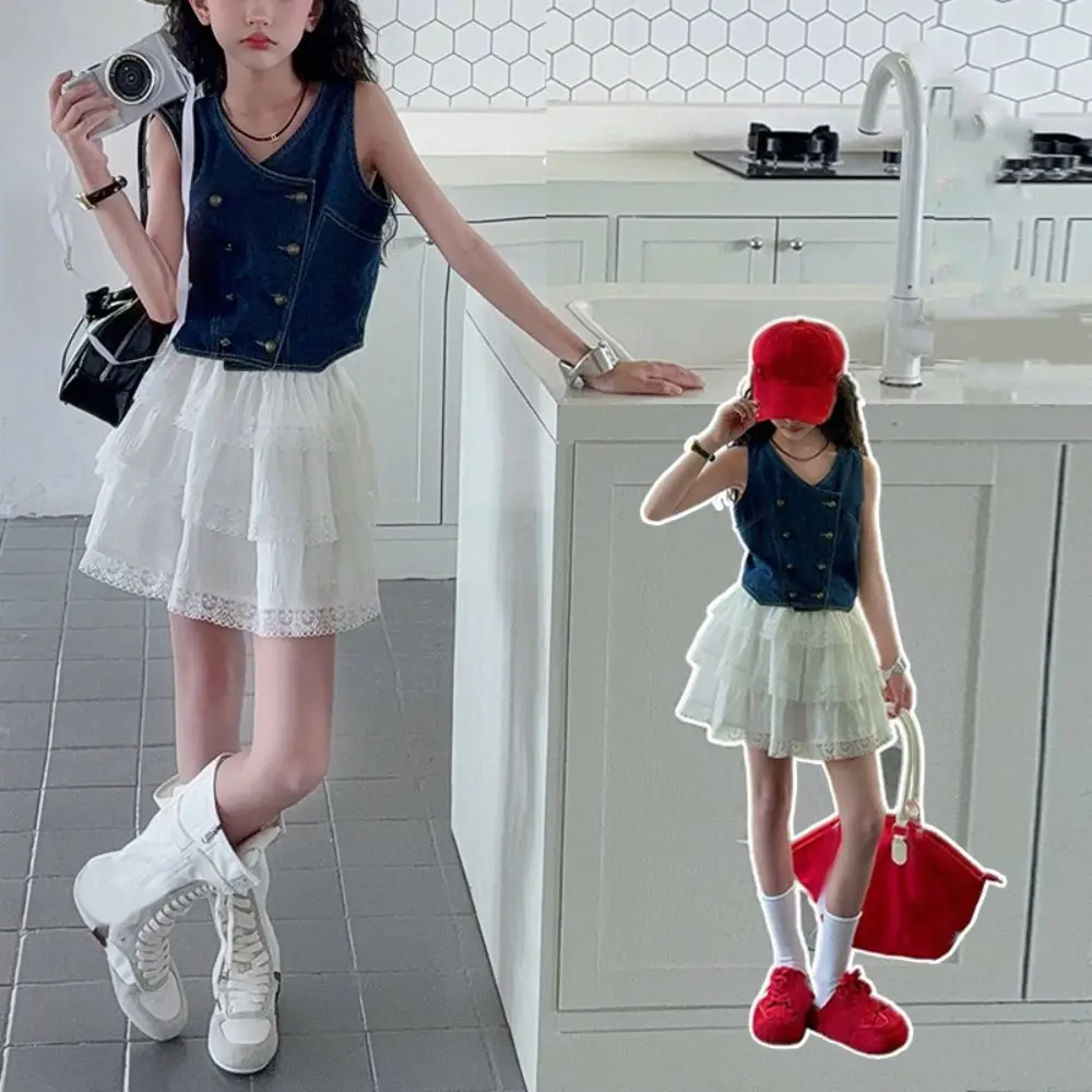 

Korean Style Cowboy Vest Girls Sweet Clothes Set Loose Children Vest Cake Skirt Set Lace Clothing Teens Two Pieces Suit Kids