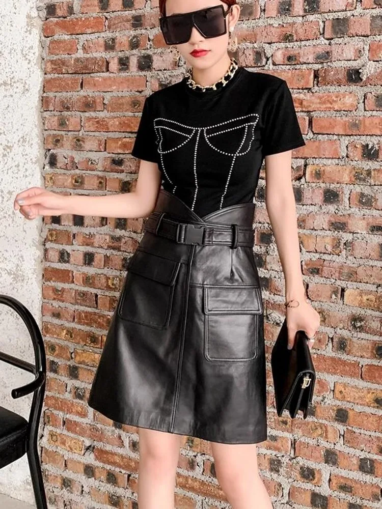 Genuine Leather Skirt Women High Waist Belted A Line Mini Wrap Skirt Spring Autumn New Female Slim Fit Soft Real Sheepskin Skirt