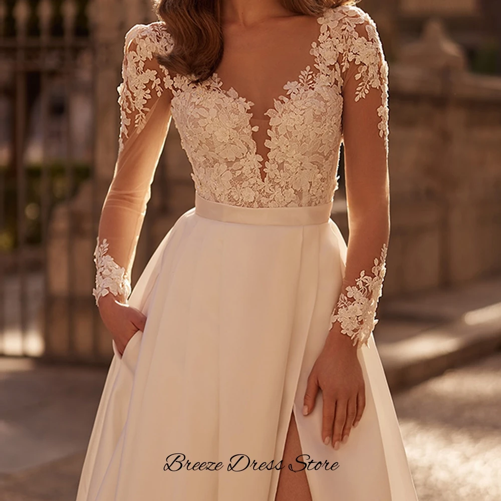Dreamy Appliques Tulle Vestido De Novia High Quality Satin Side Slit Bridal Gowns Customized V-neck Long Sleeves Wedding Dress