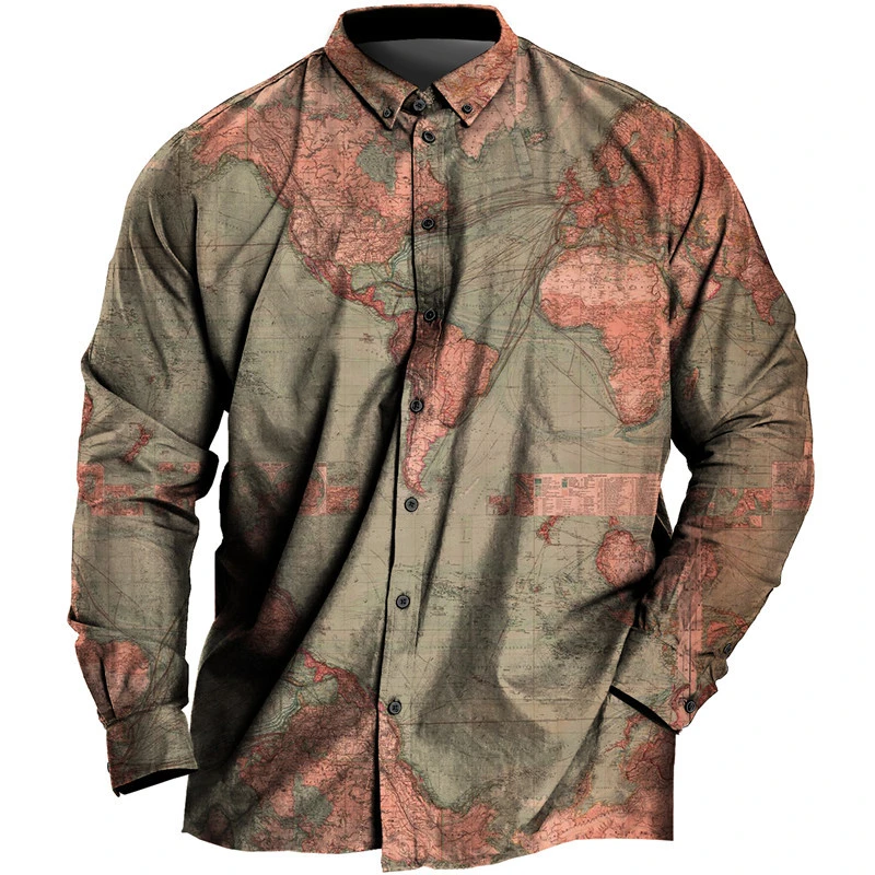 Men's Daily Casual Vintage World Map 3D Printed Shirt Long Sleeve Street Classic Cool Retro Design Blouses Clothing Lapel 2024