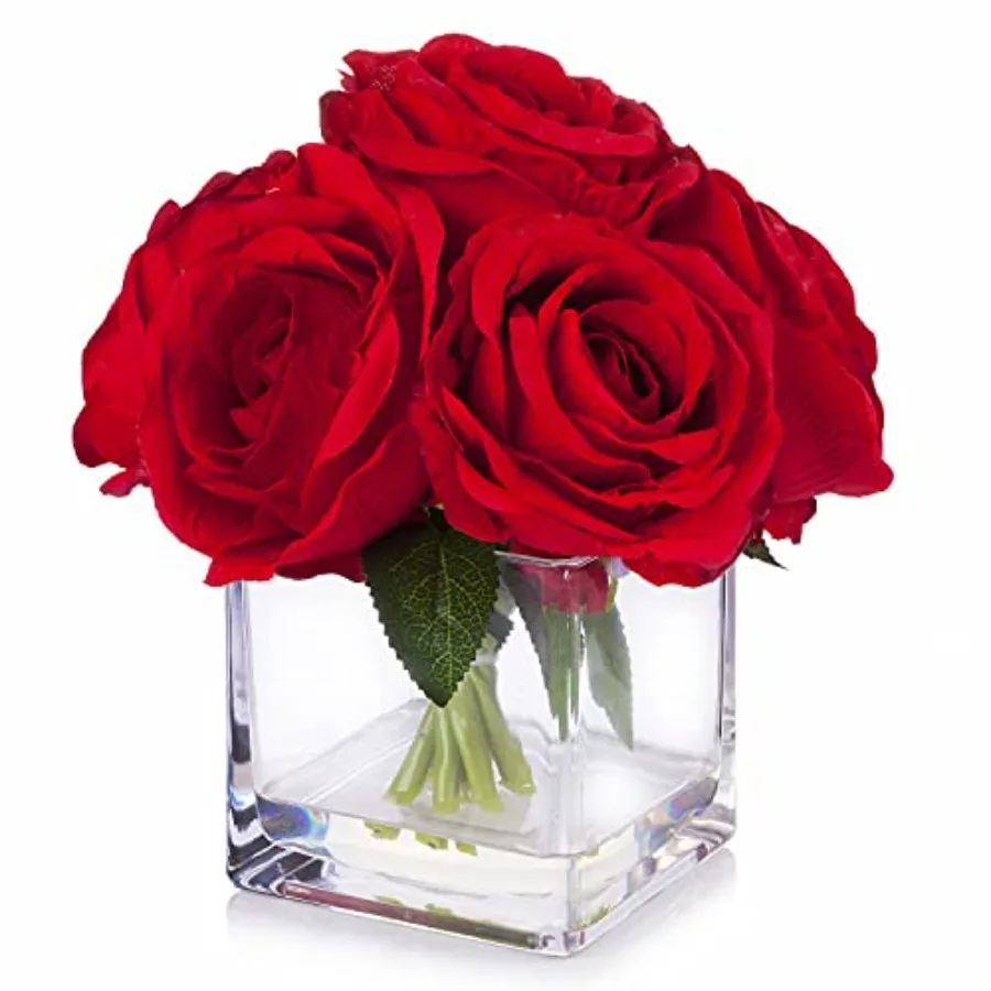 

Искусственные шелковые розы Enova Floral 7 с большими стеблями, композиция из искусственных цветов в стеклянной вазе-кубике с имитацией воды для дома и офиса
