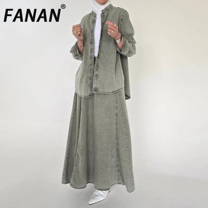 

FANAN винтажный джинсовый комплект из 2 предметов, женские рубашки с воротником-стойкой и длинными рукавами + юбки трапециевидной формы с высокой талией, офисные женские костюмы, новинка осени 2023 г.
