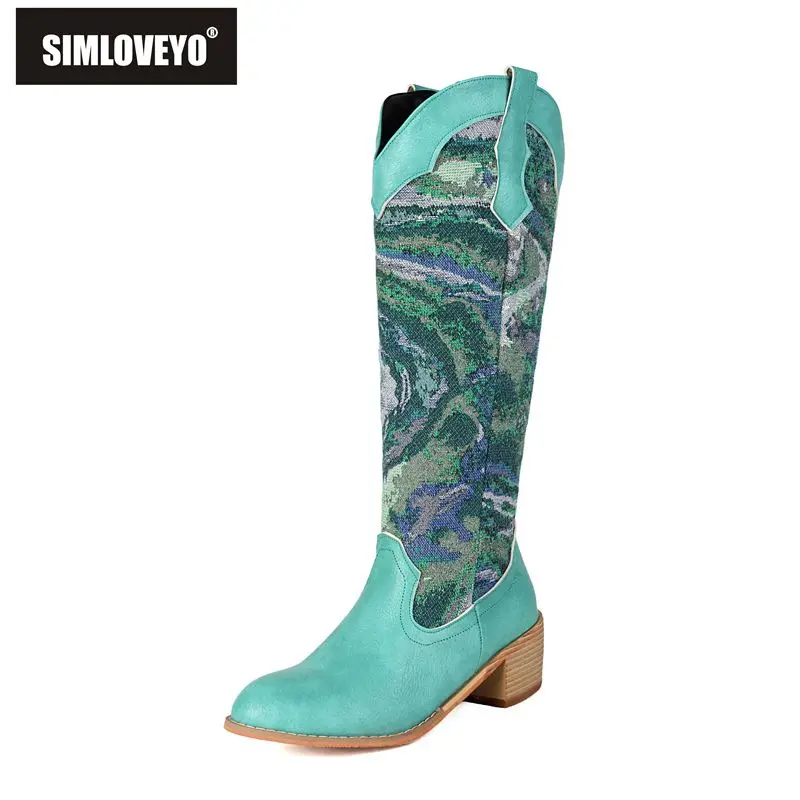 

SIMLOVEYO Женские ботинки в стиле вестерн с круглым носком и блочным каблуком 5 см, без шнуровки, с вышивкой, разноцветные, большой размер 44 45 46, повседневные до колена