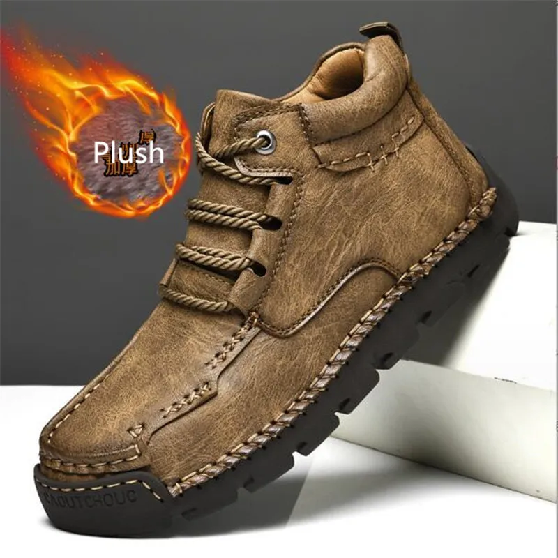 Handmade Leather Men Ankle Boots Casual Shoes Comfortable Walking Boots New Soft Leather Men Warm Winter Boots Sneakers