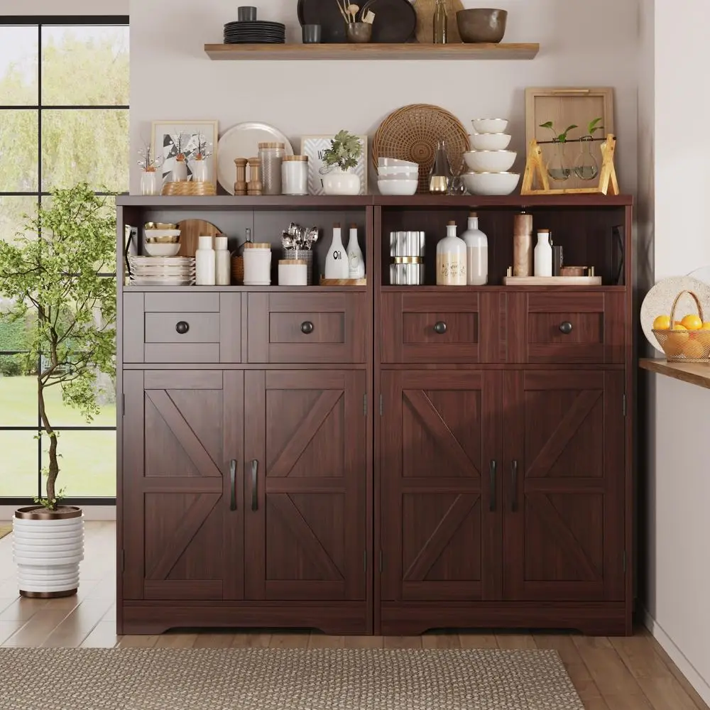 

Set of 2 Dark Brown Storage Cabinet with Drawers and Shelves, Standing Kitchen Pantry Cabinet, Floor Storage Cabinet Hutch Cupb