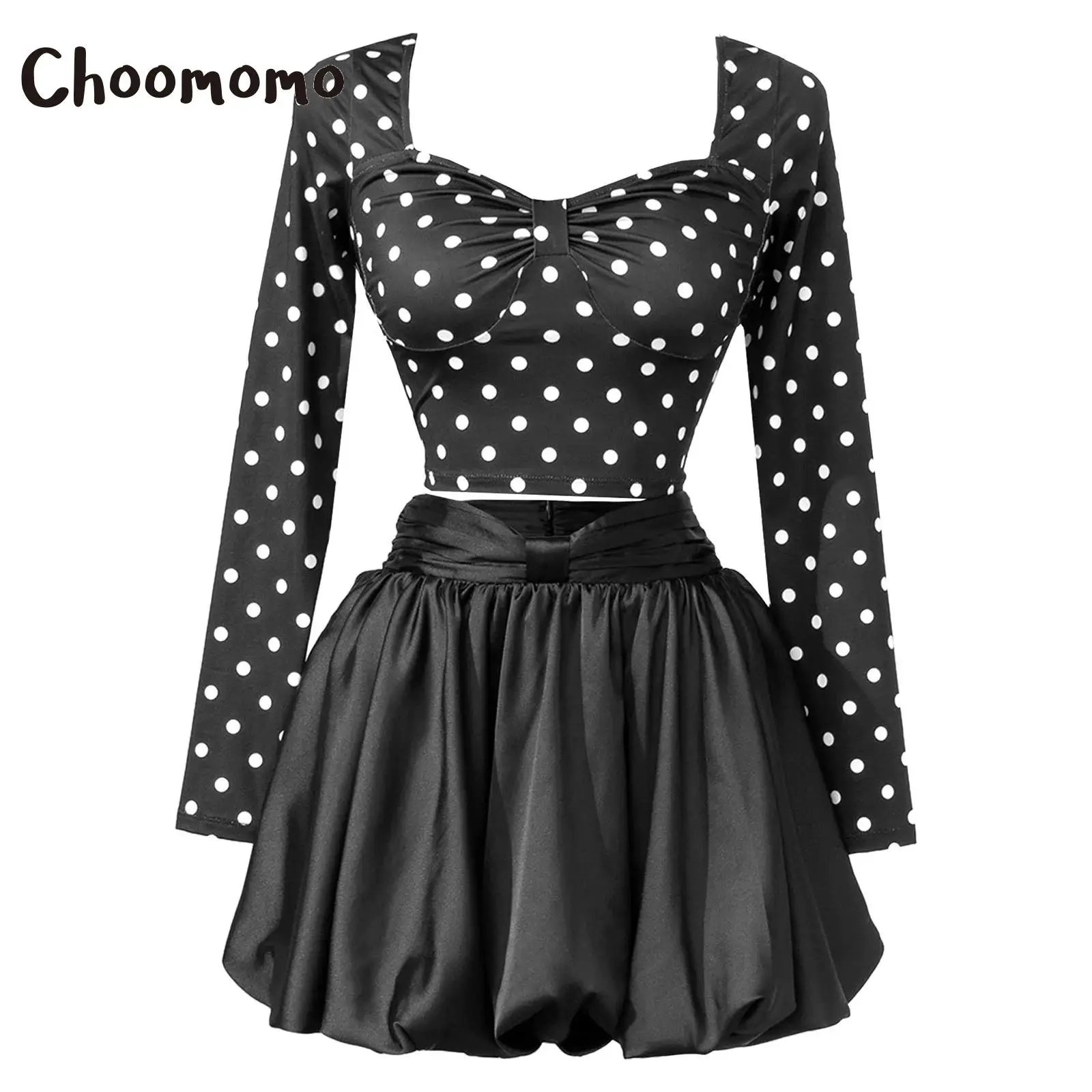 Fashion Women Long Sleeve Polka Dot Tops with Zipper Mini Skirt Elegant Lady 2 Pieces Set Club Party Vacation Outings Daily Wear