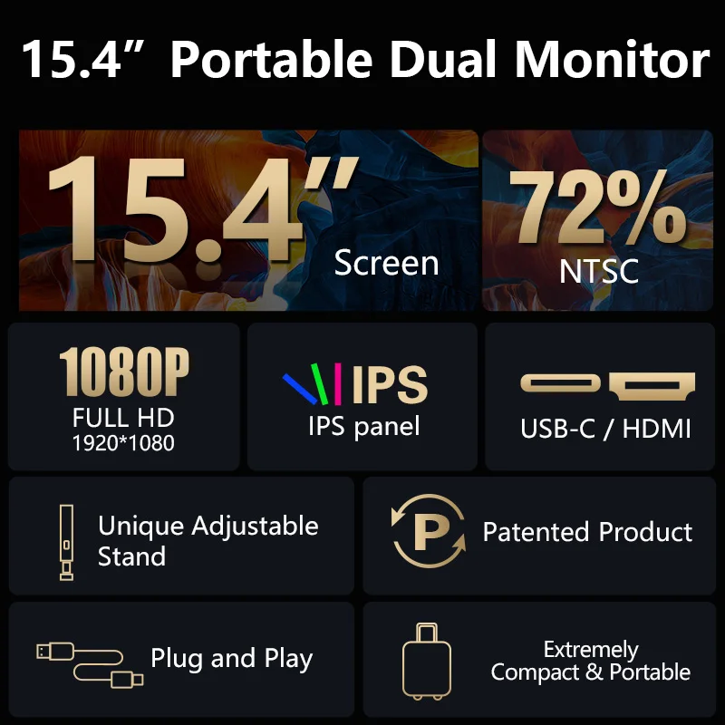 Monitor triplo para laptop 15,6, tela direita 180 °   Rotação, Plug and Play para Windows/Mac(M1/M2/M3) Pro/Max de 15,6-17,3" - S3