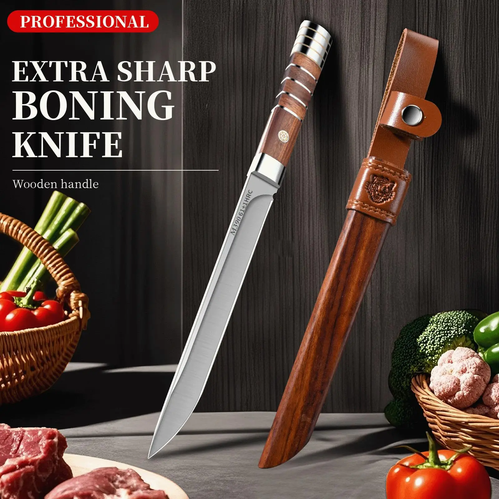 M390 Stainless Steel Straight knife - Premium Wood Sheath Cover. Perfect for Kitchen and BBQ Use. Multi-Functional and Portable.