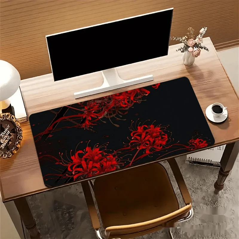 Red Spider Lily Gaming Mouse Pad, Large Non-Slip Desk Mat with Dark Black Background & Japanese Lycoris Flowers