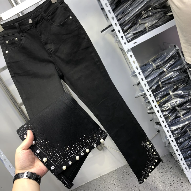 

Irregular Mopping-floor High Waist Long Trousers New Autumn Fashion Beaded Diamond Bootcut Solid Black Full Length Denim Pants