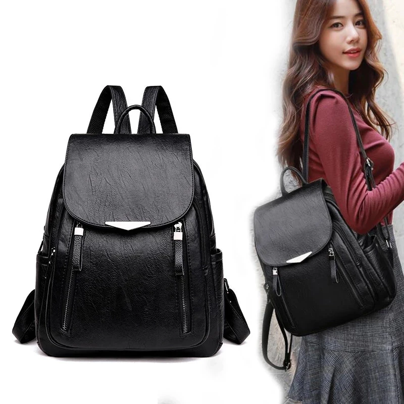 SMOOZA Womens Backpack 2023 Female PU Leather Back Pack Large Capacity School Bag for Girl Double Zipper Fashion Shoulder Bag