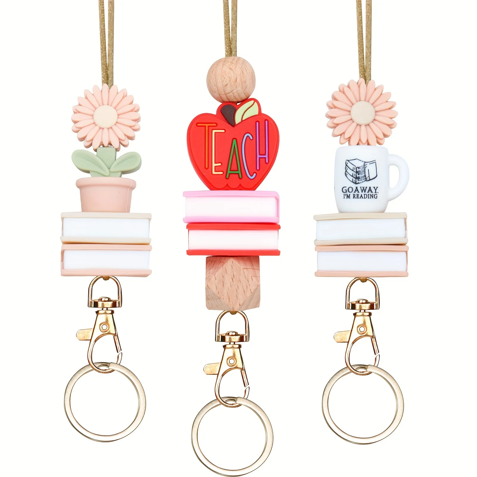 Cute Book Neck Breakaway Teacher Lanyard for ID Badge Name Card Holder Keys Keychain Silicone Beads Strap Key Ring Student Gift