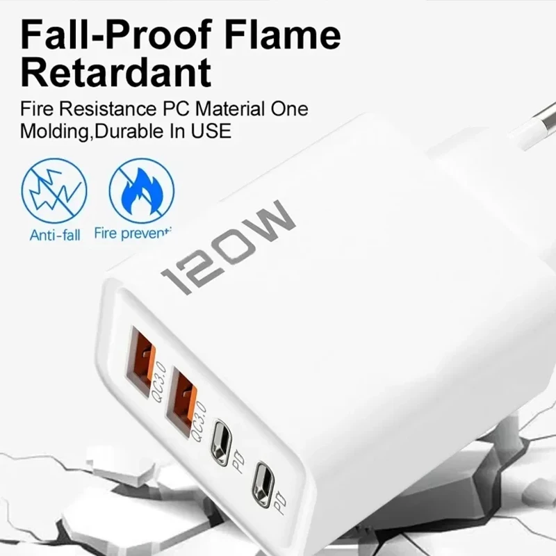 120W Fast Charging USB Charger 4 Port USB Type C Mobile Phone Charge Adapter for iPhone 15/16 Samsung Xiaomi Huawei 3.0 Charger - náhled 6