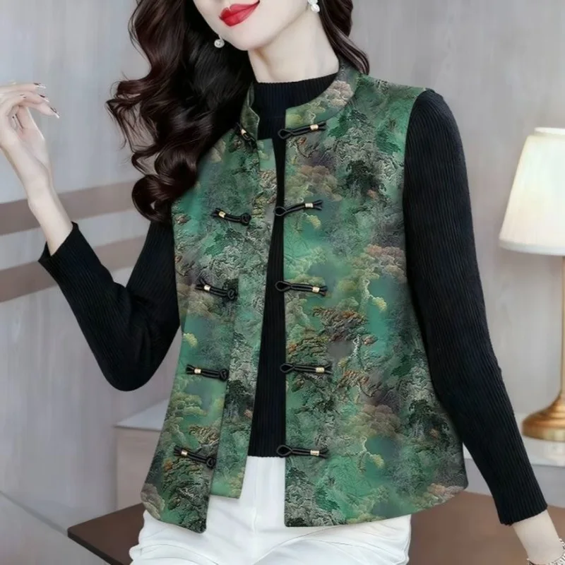

Women's Vest Spring Autumn Fashionable Retro Buckle Vest Printed New Style Shoulder Mom