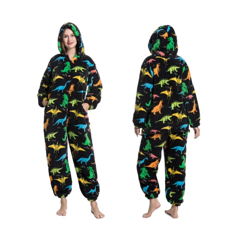 Print Cartoon Sleepwear One Piece Pijamas Suit Winter Coral Fleece Jumpsuits Pajamas Set Women Thickened Flannel Home Clothes