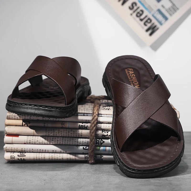 

Big Size Men Leather Beach Slippers Lightweight Soft Breathable Anti Slip Casual Outdoor Walking Summer Shoes