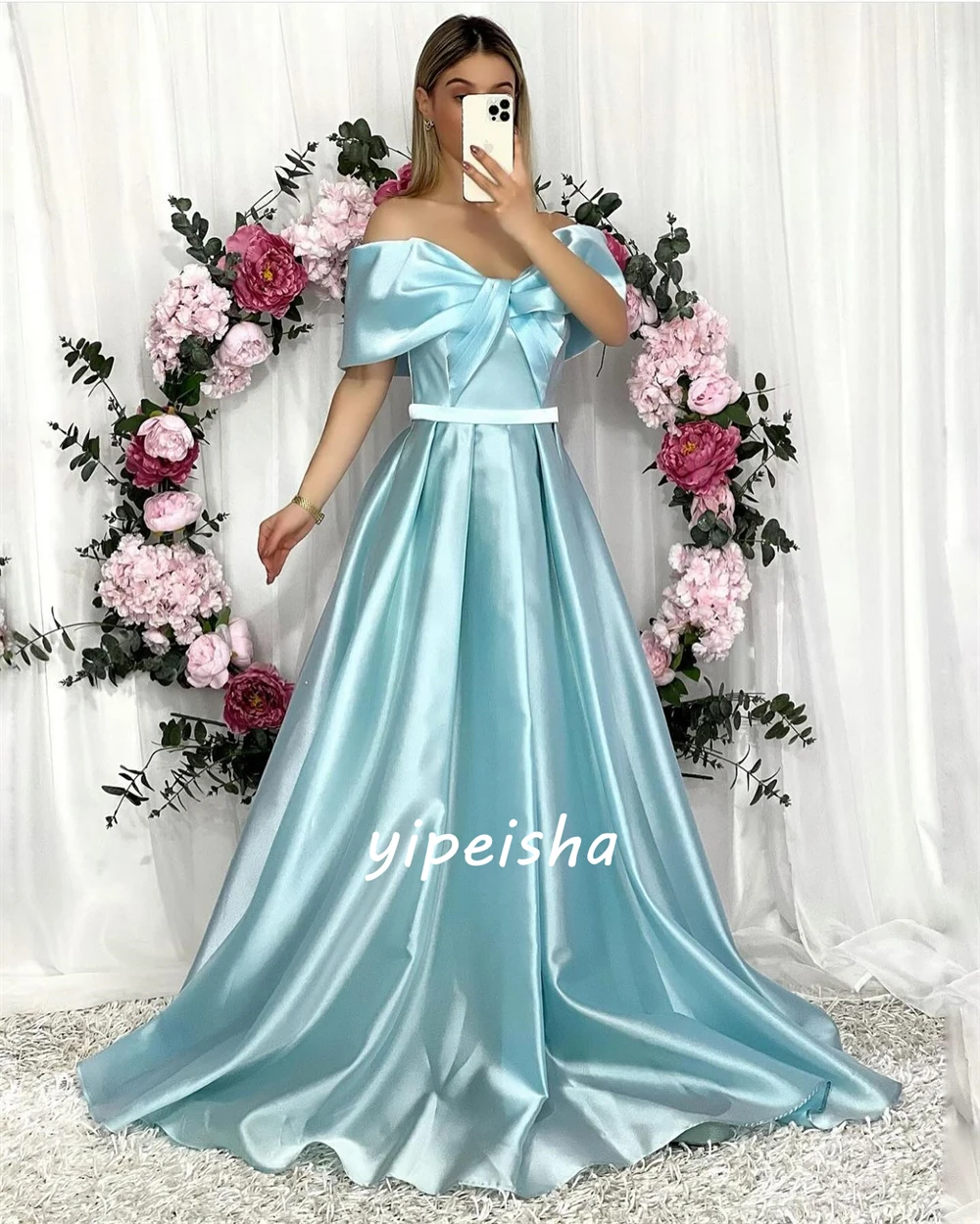 Robe de Soirée en Satin Froncée et Personnalisée, Tenue Trapèze à Épaules Dénudées, sur Mesure, pour Occasions