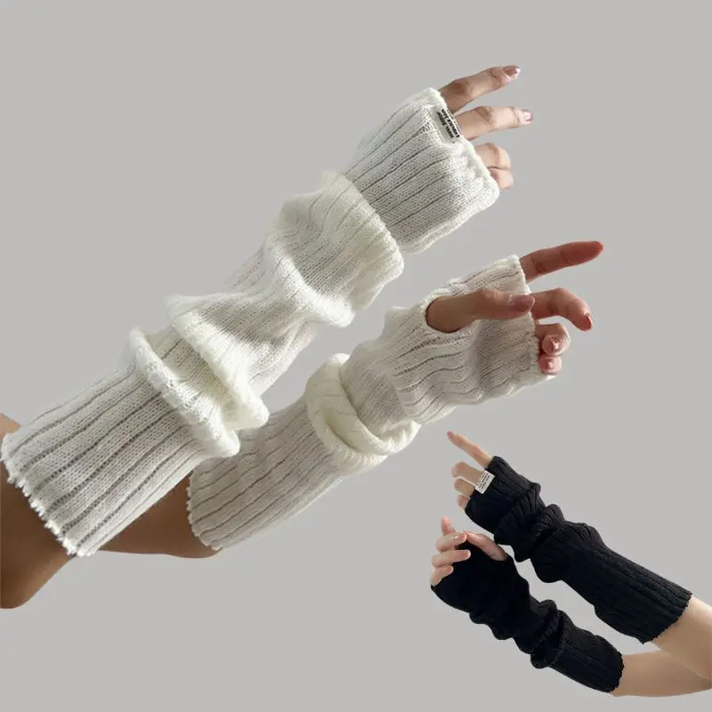 2024 New 40cm Women Knit Arm Sleeves Punk Gothic Japanese White Black Goth Long Fingerless Gloves For Girls Harajuku Accessories