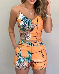 Women Spring Summer V-neck Sexy Casual Slim Fit Top And Printing Beach Shorts With Belt Two-piece Suit Bohemian Hotsweet Set