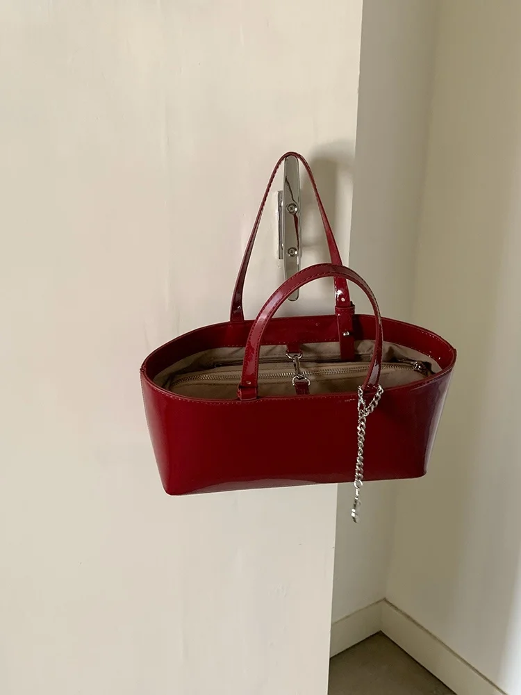 Meat Chen Whiterm Korean Sle Autumn and Winter New Retro Patent Leather Handbag Ins Temperament Wine Red Shoulder Underarm Bag