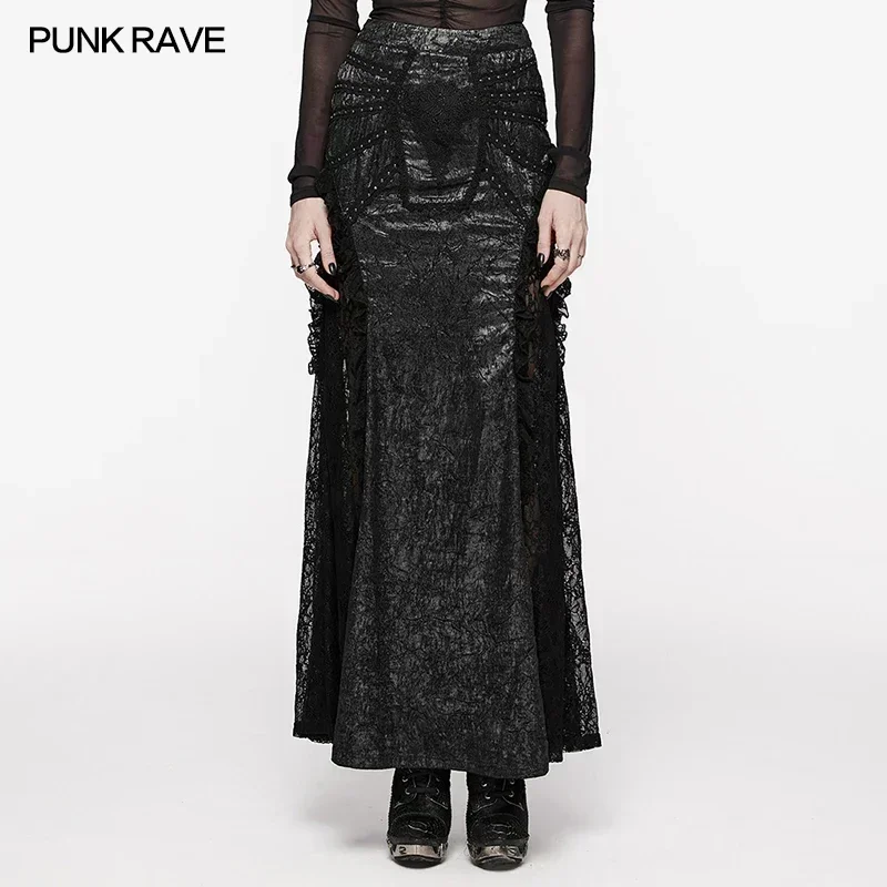 PUNK RAVE Women's Gorgeous Textured Gothic Midi Skirt Party Clyb Decoration Sexy Lace Splicing Long Skirts Summer