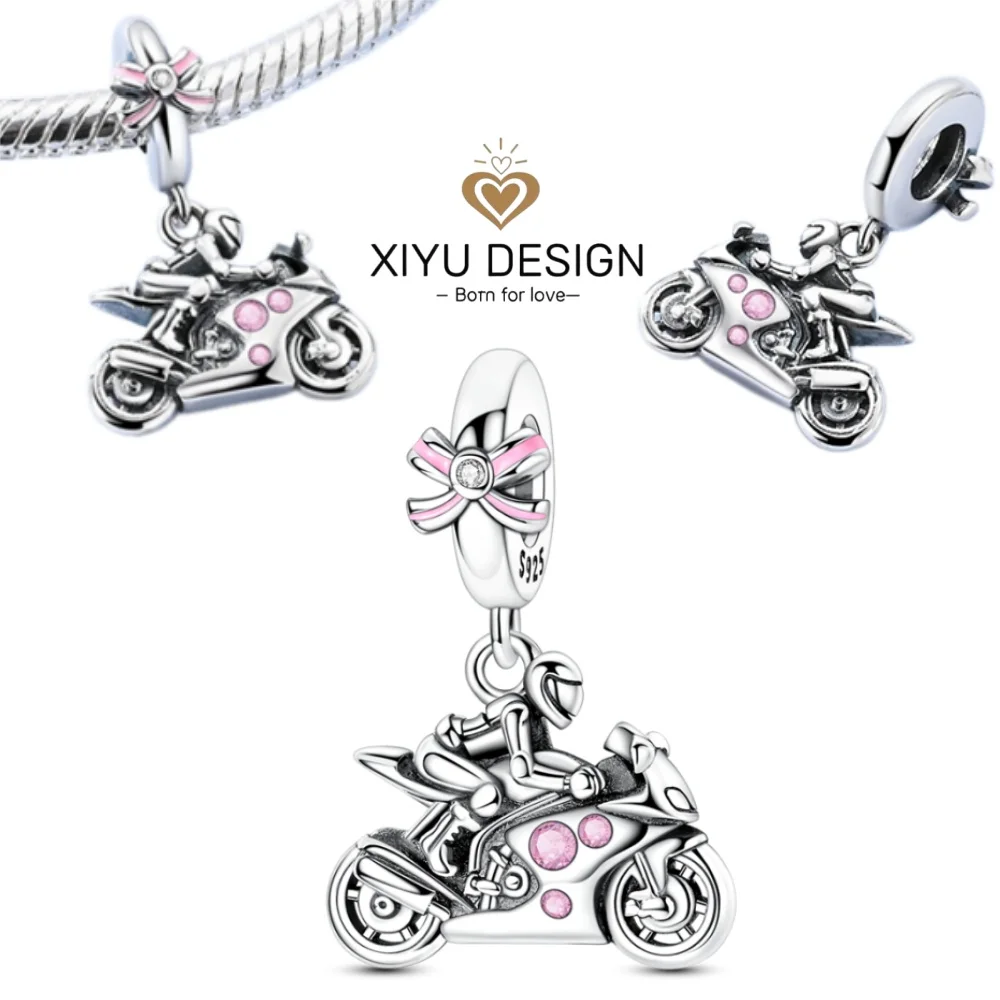 

Подвеска-шарм из стерлингового серебра 925 пробы в виде розового мотоцикла для крутых девушек, бусина для браслетов и брелоков, женские ювелирные украшения и аксессуары