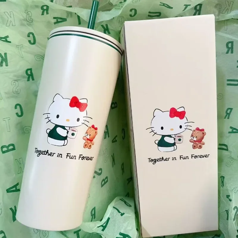 Girly Heart Kawaii MINISO Hello Kitty Anime Stainless Steel Thermos Cup Cute Cartoon Coffee Cup Portable Straw Bottle Gifts Toys